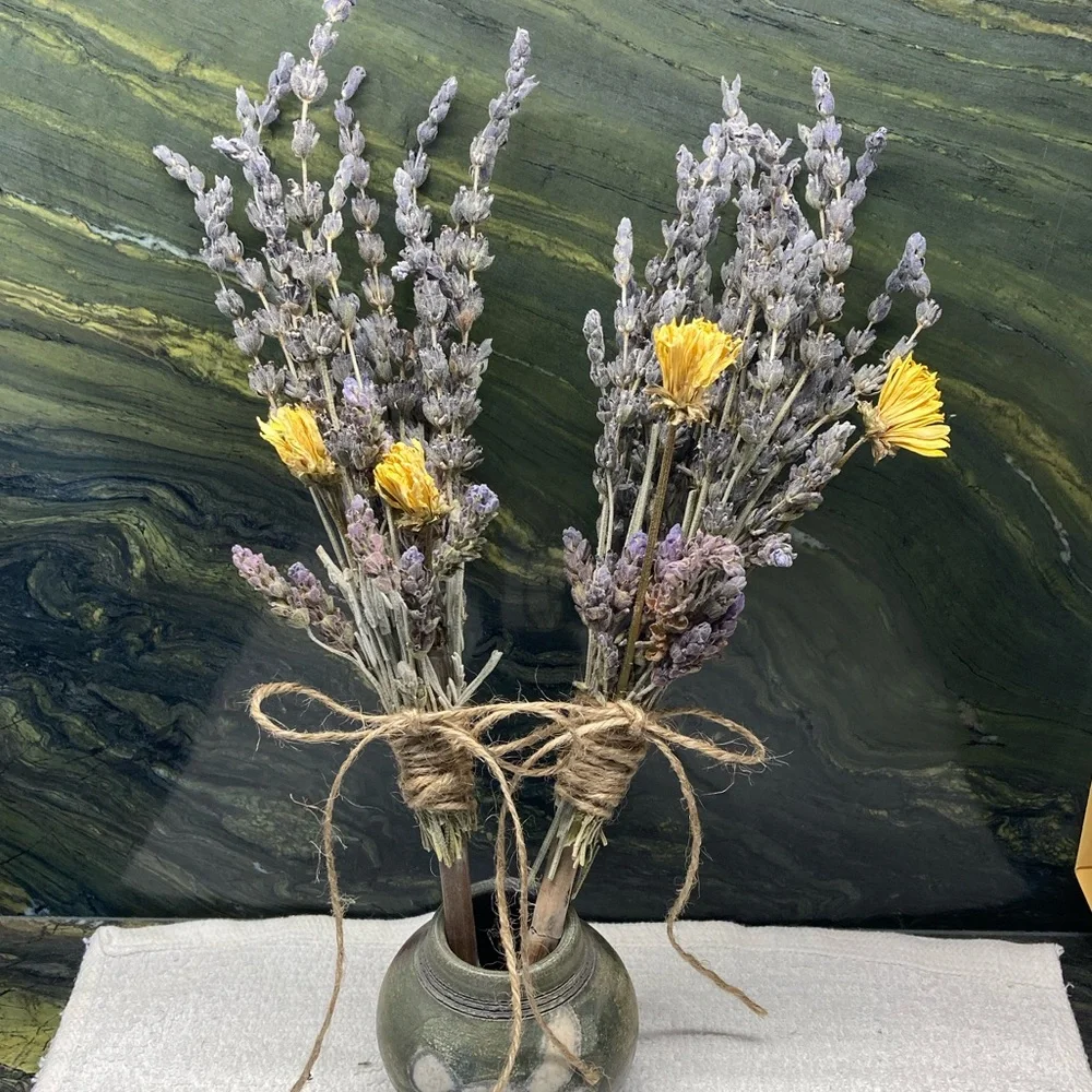 Hand Crafted Floral Bouquets White Sage Lavender and Yellow Dried Set of 2
